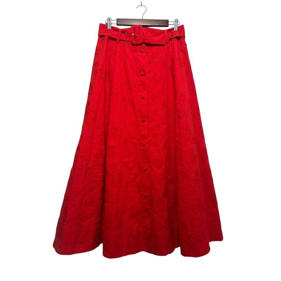 Anthropologie Sandra Belted Long Maxi Skirt Womens 8 Red 3D Floral A-line Flare - Picture 5 of 16
